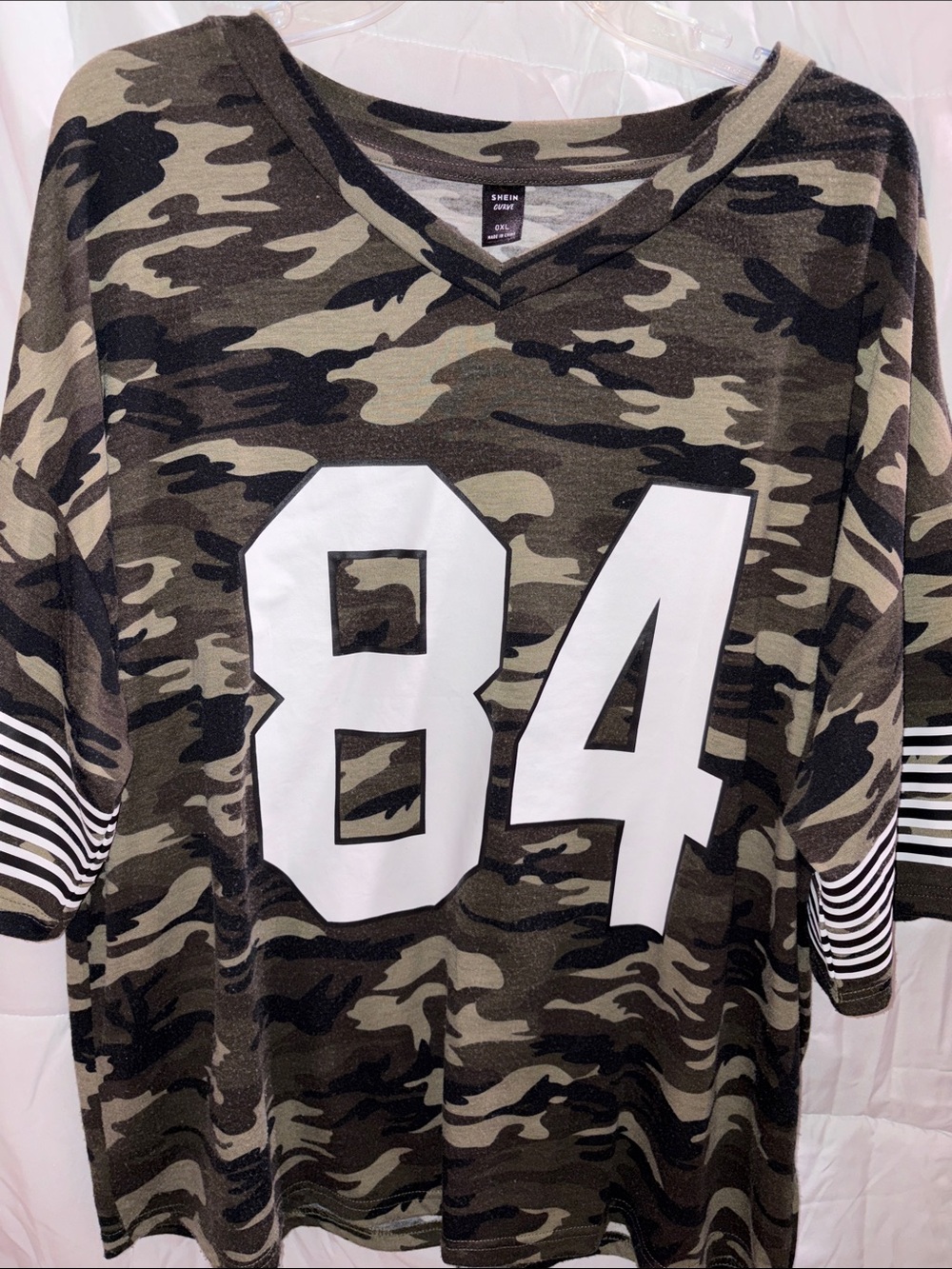 SHEIN Olive Black Camo V-Neck Jersey with White 84 Graphic